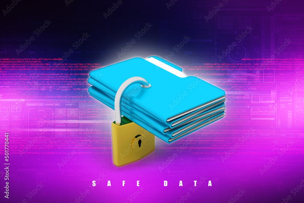 Poster yellow folder and lock. data security concept. 3d rendering