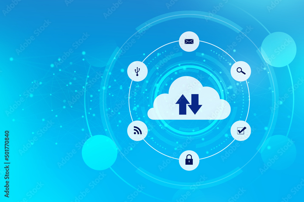 Poster 2d illustration uploading downloading arrow with cloud