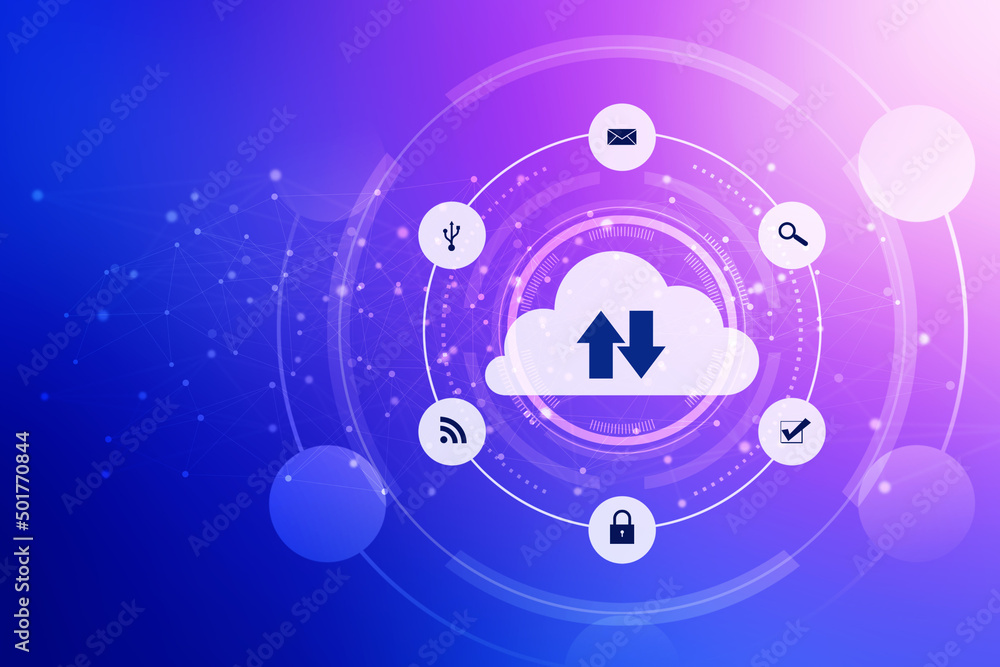 Poster 2d illustration uploading downloading arrow with cloud