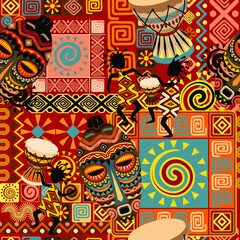 African Masks, Musician and dancer, Bongos, Tribal Decorative Elements Vector Seamless Repeat Textile Pattern Design
