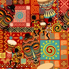 Crédence de cuisine en verre imprimé Dessiner Masques africains, musicien et danseur, bongos, éléments décoratifs tribaux vectoriels sans soudure répéter la conception de motifs textiles