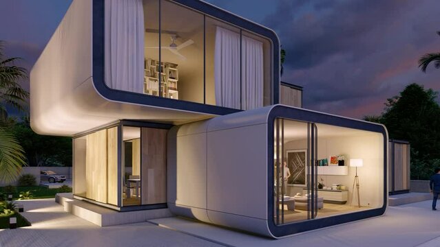 Luxury modular home with pool and garden at dusk
