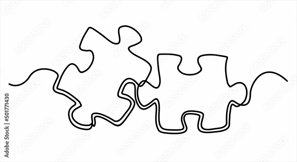 Poster continuous one line drawing of a two piece jigsaw on a white background. puzzle game symbol and icon
