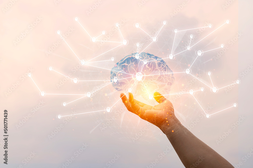 Poster abstract palm hands touching brain with network connections, innovative technology in science