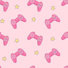 Pink vintage joystick for girls seamless pattern. Cute retro pink gaming joystick with stars vector illustration.