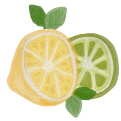 Watercolor lemon half, lime slice and mint. Lemon slice sublimation clipart. Summer juice coctail cartoon isolated citrus orange hand drawn illustration for menu, card, tshirt design
