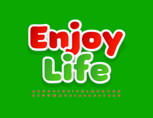 Vector motivational poster Enjoy Life. Red creative Font. Sticker style Alphabet Letters, Numbers and Symbols set