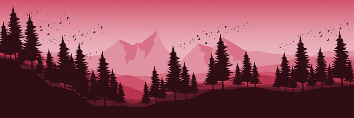 silhouette of forest with mountain landscape view flat design vector illustration good for background, wallpaper, background template, and backdrop design