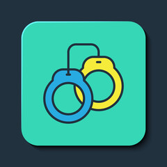 Filled outline Handcuffs icon isolated on blue background. Turquoise square button. Vector