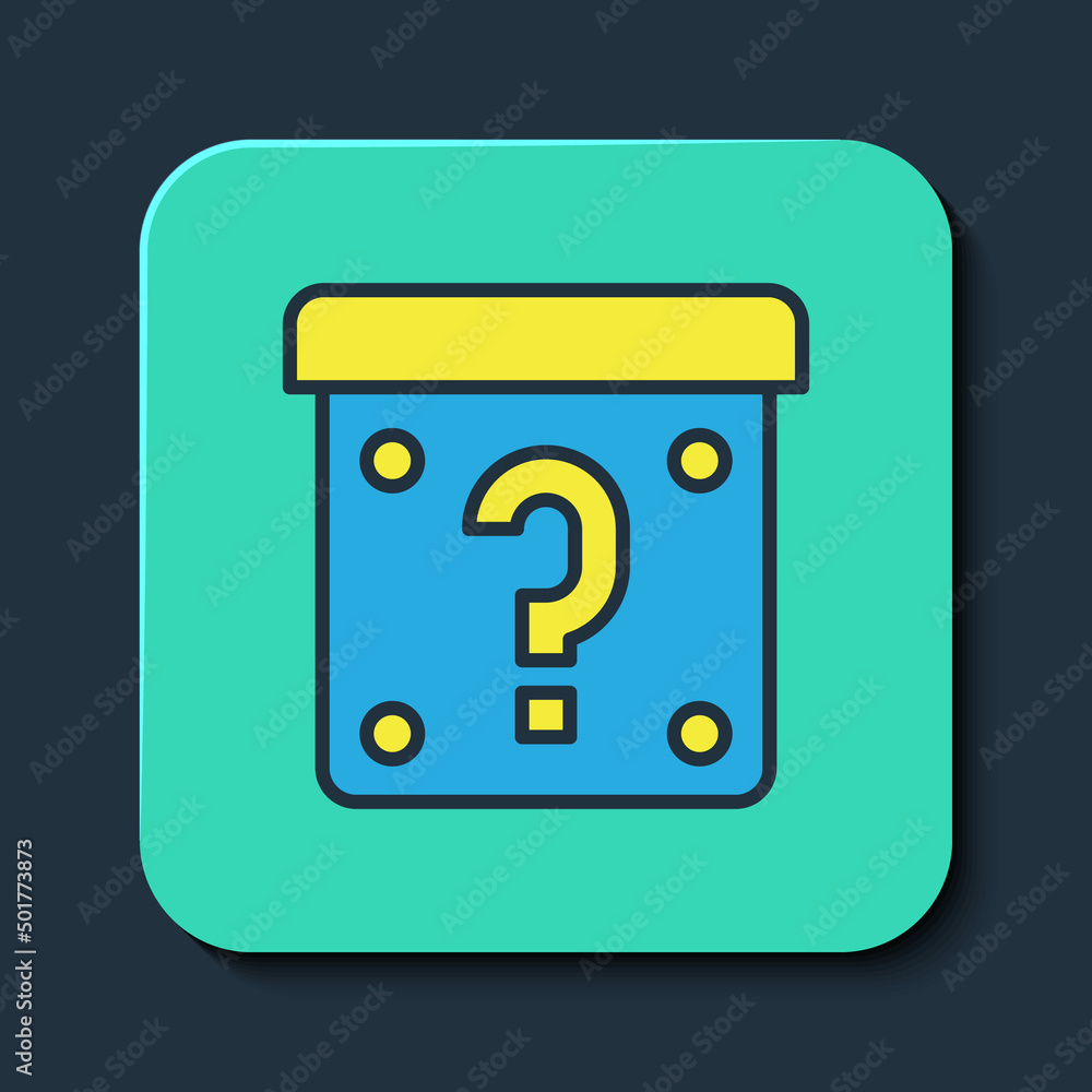 Poster filled outline mystery box or random loot box for games icon isolated on blue background. question m