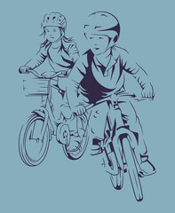 Fototapeta na wymiar Boy and girl riding bike close each other. Vector line art
