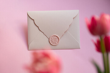 Photography from above of gift certificate.Tender pink color,springtime holidays.