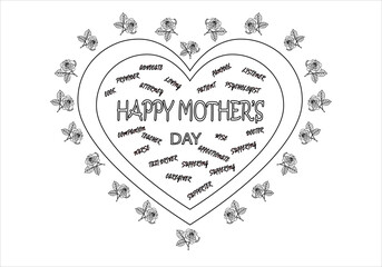 Feliz día de la madre, trazado corazón y rosas rojas acompañado de cualidades de las madres - obrazy, fototapety, plakaty