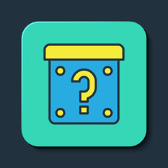 Filled outline Mystery box or random loot box for games icon isolated on blue background. Question mark. Unknown surprise box. Turquoise square button. Vector