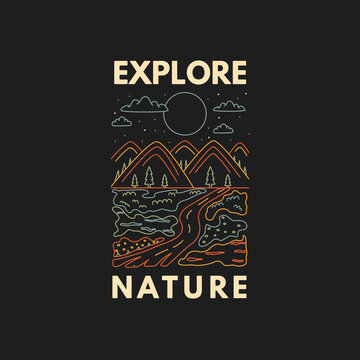 Explore nature. Badge with mountains, road and moon in doodle style. The concept of camping, travel. Hand-drawn image in doodle style.