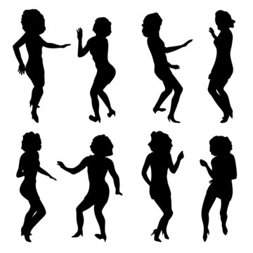 Women in skinny dress dancing black silhouettes. Set of moving disco curly girl shapes. Party abstract poses. Vector illustration for flyer, poster, card, holiday concept.