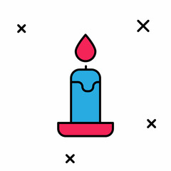 Filled outline Burning candle in candlestick icon isolated on white background. Cylindrical candle stick with burning flame. Vector