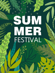 Vector illustrated poster with tropical leaves. Beautiful vector colorful illustration