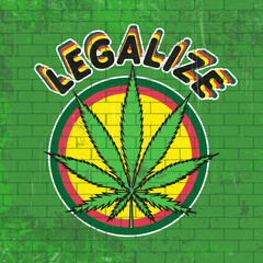 Brick wall with grunge texture features a graffitti, with a weed leaf in the middle and the title LEGALIZE on top. Three circles behind it that decorate it.