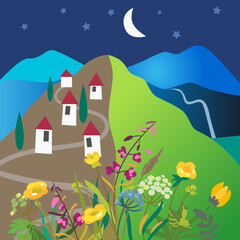 Vector village mountains landscape. Colorful beautiful illustration.