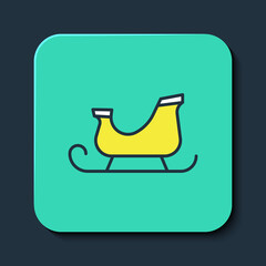 Filled outline Christmas santa claus sleigh icon isolated on blue background. Merry Christmas and Happy New Year. Turquoise square button. Vector