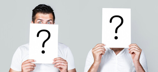 Question mark, symbol. Man with question mark. Anonymous man, peeking behind of interrogation...
