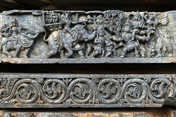 Sculptures on the outer walls of Hoysaleswara Temple at Halebidu, the former capital of the Hoysala, Karnataka.