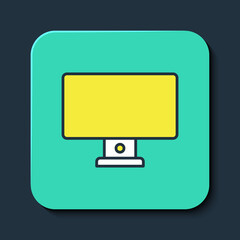 Filled outline Computer monitor icon isolated on blue background. PC component sign. Turquoise square button. Vector