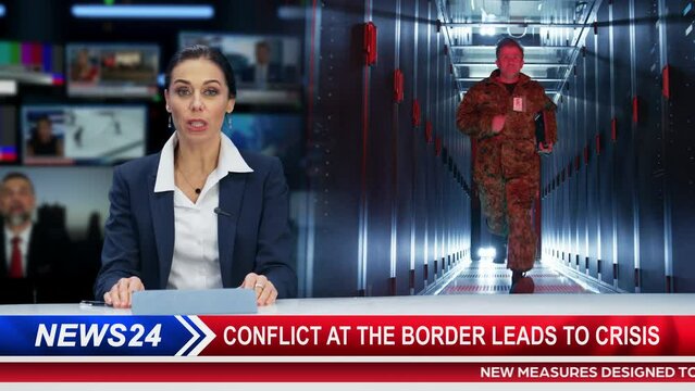Split Screen Montage TV News Live Report: Anchorwoman Talks Cyber Security wih Photo Illustration of Two Soldiers Running in Data Center. Cyber Crime Attack.  Television Program Cable Channel Playback