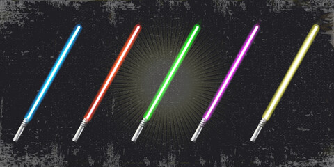Blue, red, green, pink and yellow laser sword lightsaber set isolated on grunge black background. May the 4th be with vector illustration with neon glowing lighting sword. Star wars day poster