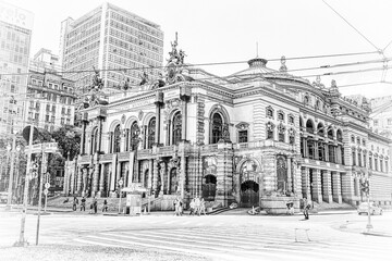 Old Municipal Theater of Sao Paolo, Brazil, in black and white