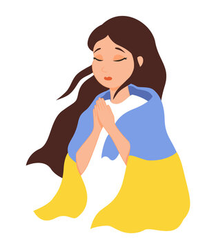 Prayer for peace in Ukraine. The girl prays for pax in Ukraine. A girl with the flag of Ukraine. "stay with Ukraine" concept. Stop war. Support against fighting. Vector illustration.