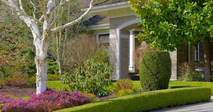 Establishing shot of two story stucco luxury house with garage door, big tree and nice spring blossom landscape in Vancouver, Canada, North America. Day time on March 2022. ProRes 422 HQ.