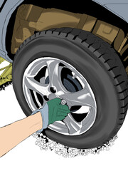 タイヤ交換するリアルな手のイラスト