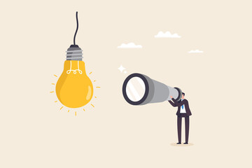 Creative ideas for new jobs, Searching for new ideas for business opportunities or new project. Businessmen use binoculars to look for light bubble ideas.