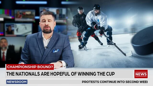 Split Screen TV News Live Report: Anchor Talks. Reportage Montage: Photo of Poster Appearing with Ice-Hockey Game Championship Match, Players Play. Television Program Channel Playback. Luma Matte 