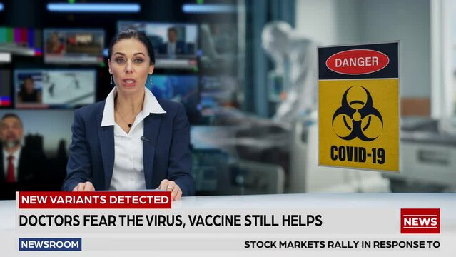 Split Screen TV News Live Report Anchor Talks. Covid-19 Crisis: Hospital Emergency, Doctors and Patients, Vaccination, Vaccine Production, Health Care. Television Program Channel Playback. Luma Matte 