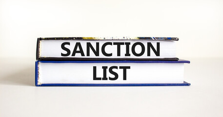 Sanction list symbol. Books with concept words Sanction list on beautiful white background. Business political sanction list concept. Copy space.