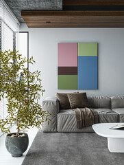 Illustration 3D rendering large luxury modern bright interiors Living room mockup computer digitally generated image