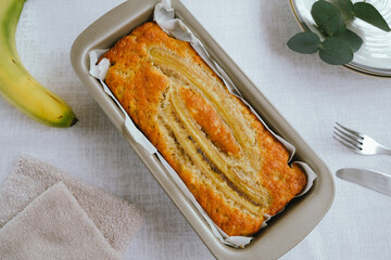 Sweet homemade banana bread cake. Top view.