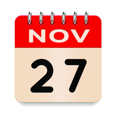 27 day of the month. November. Flip old formal calendar. 3d daily icon. Date. Week Sunday, Monday, Tuesday, Wednesday, Thursday, Friday, Saturday. Cut paper. White background. Vector illustration.