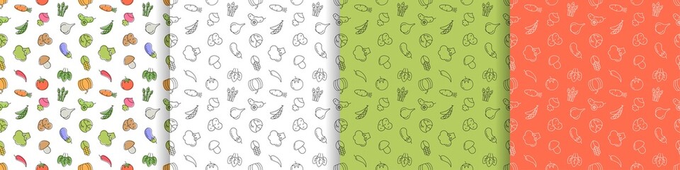 set of minimalistic linear vegetarian patterns with vegetables. tomatoes, cucumbers, potatoes, asparagus, broccoli, cabbage, corn. vector illustration for packaging.