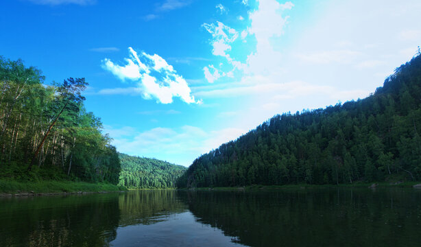 Geography, potamology. Middle Siberia (south part). Panorama of powerful rivers and taiga forests, summer, Typical coniform hill oreography (bald peak). - absence of people and virginal natural area