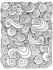 Abstract meditative doodle coloring page with waves and spirals