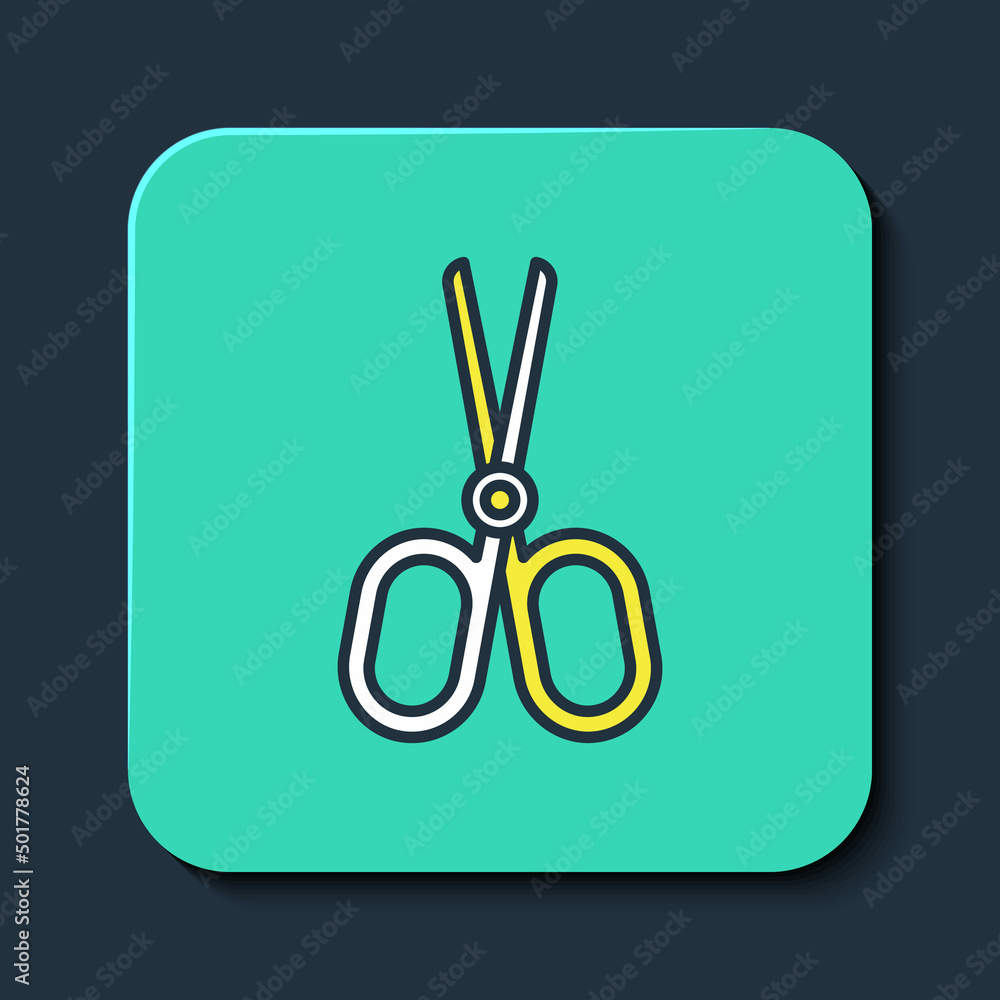 Poster filled outline scissors icon isolated on blue background. tailor symbol. cutting tool sign. turquois