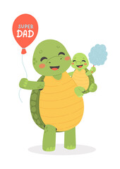 Fathers Day, daddy and sun turtle, cartoon vector