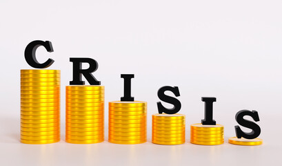 3d illustration, letters forming the word crisis, on golden coins, 3d rendering