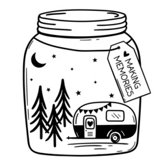 Camping Van in Mason Jar and inscription Making Memories. Sign of  travel. Camper tourism. Adventure label. Camping t shirts design.