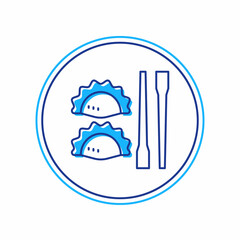 Filled outline Dumpling with chopsticks icon isolated on white background. Traditional chinese dish. Vector