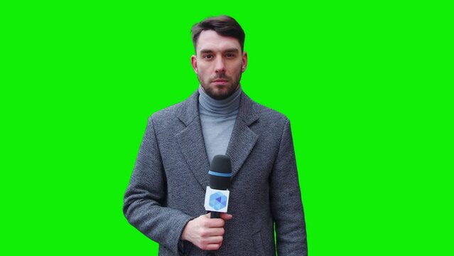 TV Live News Programme: Caucasian Male Presenter Reporting Green Screen Chroma Key Screen Picture. Television Cable Channel Anchor Talks. Network Broadcast Mock-up Playback